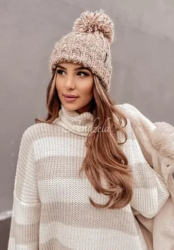 Sweter Oversize Z Golfem W Paski Bernard Bezowy