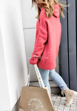 Sweter Oversize Z Kapturem Carra Koralowy