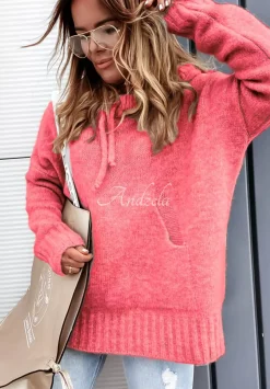 Sweter Oversize Z Kapturem Carra Koralowy