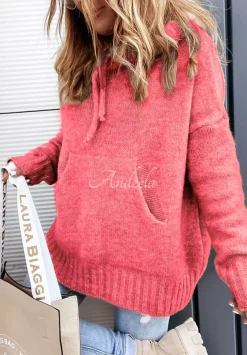 Sweter Oversize Z Kapturem Carra Koralowy