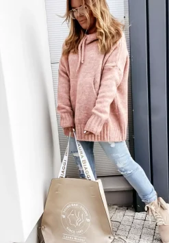 Sweter Oversize Z Kapturem Carra Pudrowy Roz