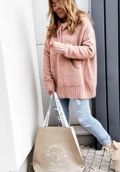 Sweter Oversize Z Kapturem Carra Pudrowy Roz