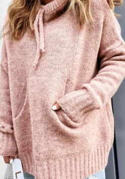 Sweter Oversize Z Kapturem Carra Pudrowy Roz