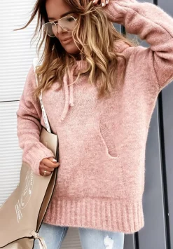 Sweter Oversize Z Kapturem Carra Pudrowy Roz