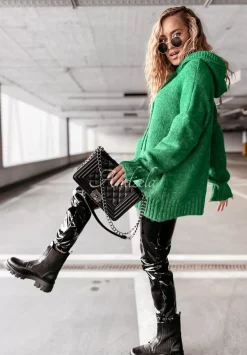 Sweter Oversize Z Kapturem Carra Zielony