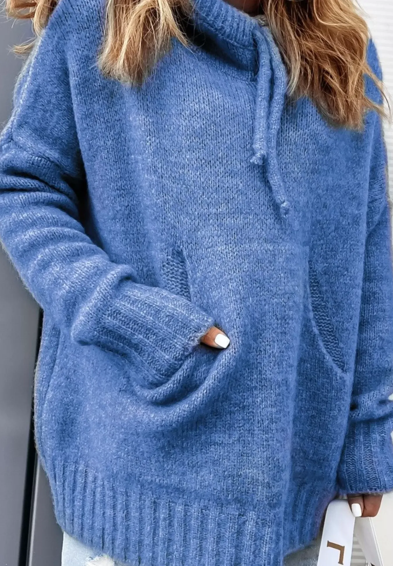 Sweter Oversize Z Kapturem Carra Niebieski
