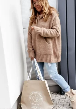 Sweter Oversize Z Kapturem Carra Camelowy