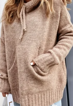 Sweter Oversize Z Kapturem Carra Camelowy