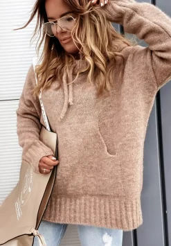 Sweter Oversize Z Kapturem Carra Camelowy