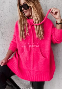 Sweter Oversize Z Kapturem Carra Neonowy Rozowy