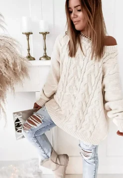 Sweter Oversize Z Ozdobnym Splotem Cocomore Tressa Ecru
