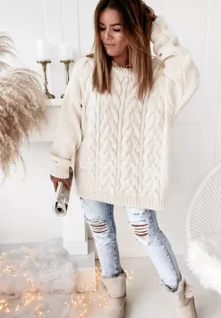 Sweter Oversize Z Ozdobnym Splotem Cocomore Tressa Ecru