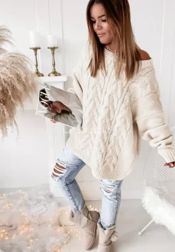 Sweter Oversize Z Ozdobnym Splotem Cocomore Tressa Ecru