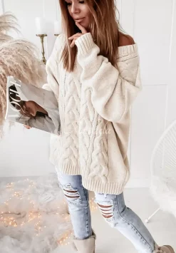 Sweter Oversize Z Ozdobnym Splotem Cocomore Tressa Ecru