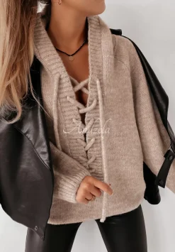 Sweter Oversize Ze Sznurowaniem I Kapturem Laossi Bezowy