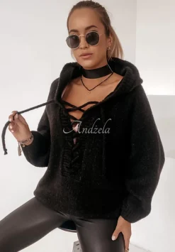 Sweter Oversize Ze Sznurowaniem I Kapturem Laossi Czarny