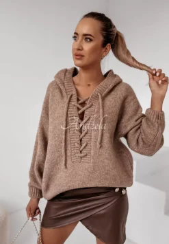 Sweter Oversize Ze Sznurowaniem I Kapturem Laossi Camelowy