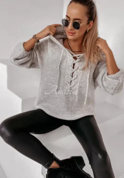Sweter Oversize Ze Sznurowaniem I Kapturem Laossi Szary