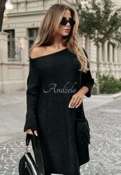 Sweter Sukienka Oversize Z Fredzlami Hot Tea Czarny