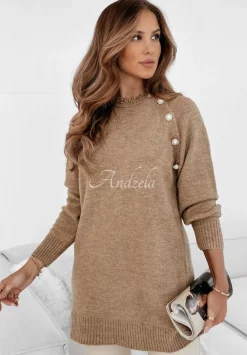 Sweter Tunika Z Guzikami Fernandes Camelowy