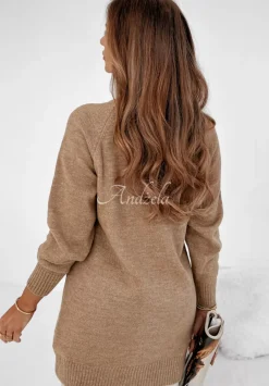 Sweter Tunika Z Guzikami Fernandes Camelowy