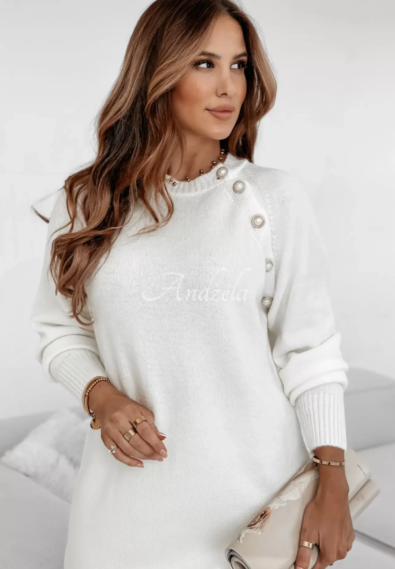 Sweter Tunika Z Guzikami Fernandes Ecru
