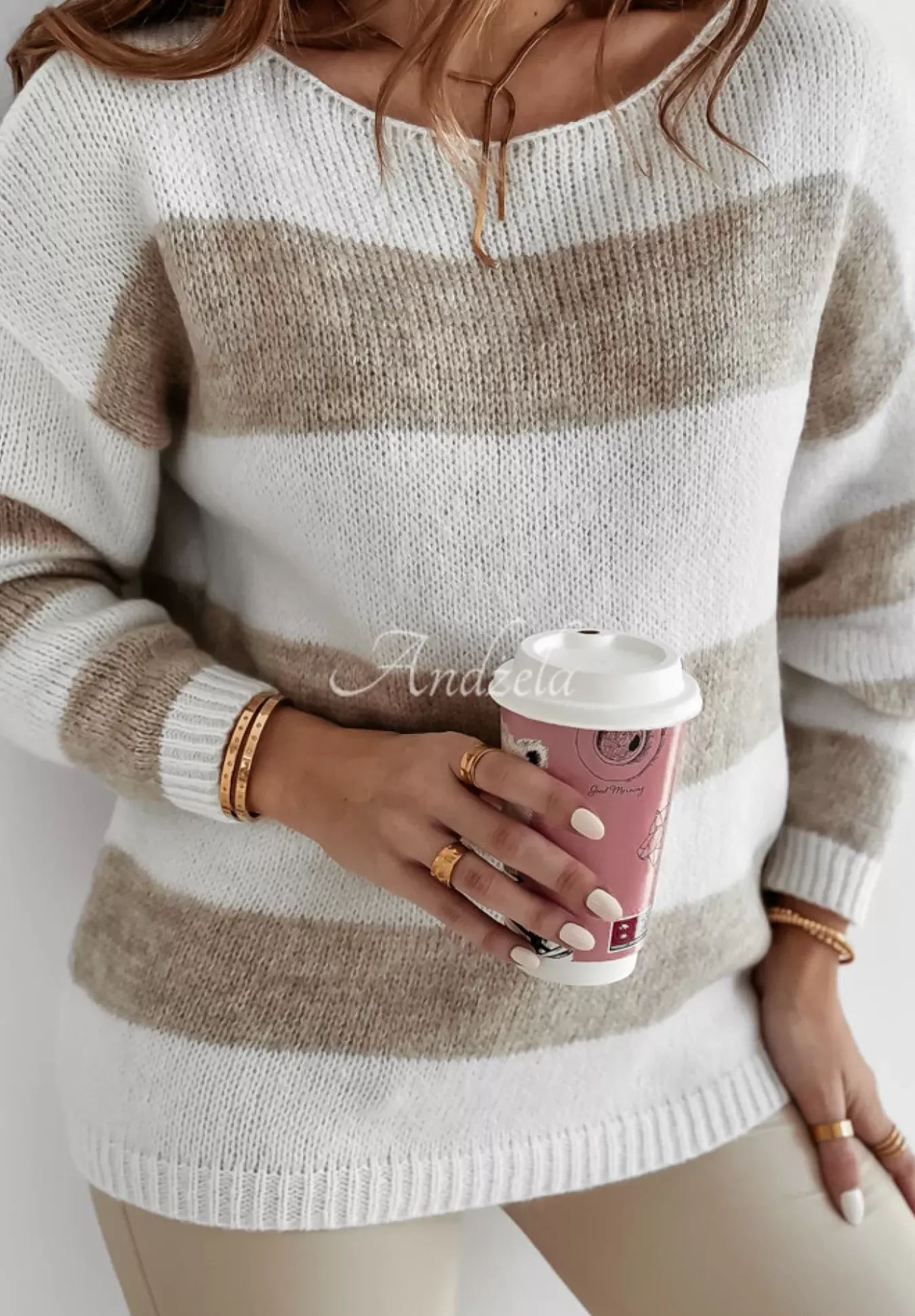 Sweter W Paski Colorful Autumn Bialo-Bezowy
