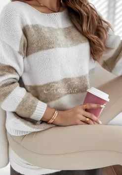 Sweter W Paski Colorful Autumn Bialo-Bezowy
