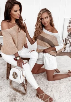 Sweter W Paski Eldy Bialo-Zloty