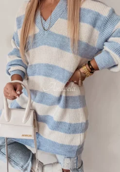 Sweter W Paski Z Dekoltem Arevalo Bialo-Blekitny