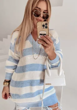 Sweter W Paski Z Dekoltem Arevalo Bialo-Blekitny