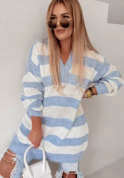 Sweter W Paski Z Dekoltem Arevalo Bialo-Blekitny