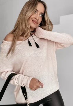 Sweter Z Dekoltem Caffe Latte Pudrowy Roz