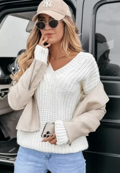 Sweter Z Dekoltem Fall Season Ecru