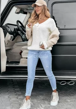 Sweter Z Dekoltem Fall Season Ecru