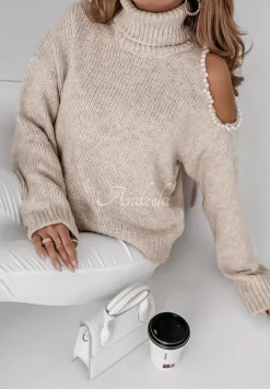 Sweter Z Golfem I Perelkami Ariamo Bezowy