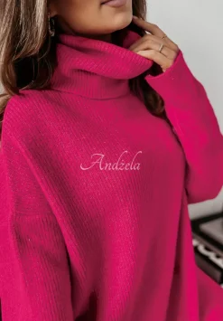Sweter Z Golfem Mavi Fuksjowy