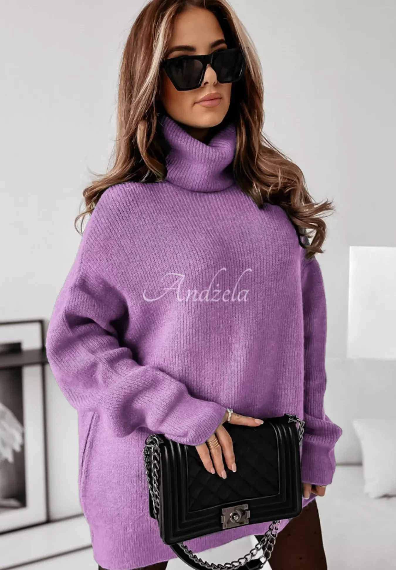 Sweter Z Golfem Mavi Liliowy