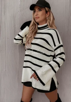 Sweter Z Golfem W Paski Nivena Ecru