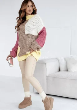 Sweter Z Ozdobnym Splotem Color Me Mine Rozowo-Zolty