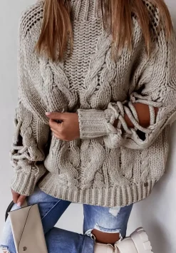 Sweter Z Ozdobnym Splotem Cocomore Casual Mokka