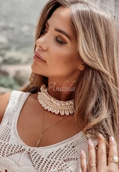 Szeroki Choker, Bransoletka Z Muszelkami Hand Made Bali Jasnobezowy