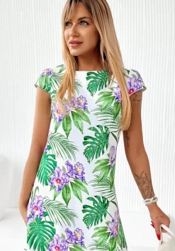 Trapezowa Sukienka Mini W Kwiaty Hibiscus Zielono-Liliowa
