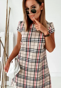 Trapezowa Sukienka Mini W Krate Berry Bezowa