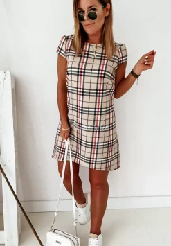 Trapezowa Sukienka Mini W Krate Berry Bezowa