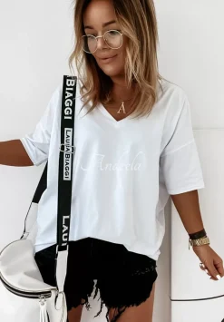T-Shirt Oversize Z Dekoltem W Serek Cascade Bialy