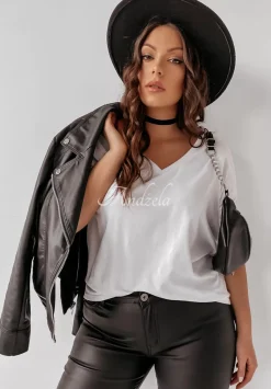 T-Shirt Oversize Z Dekoltem W Serek Cascade Bialy