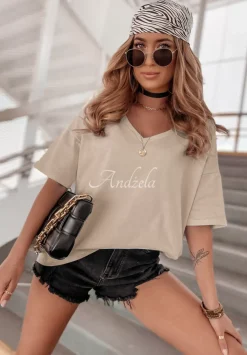 T-Shirt Oversize Z Dekoltem W Serek Cascade Bezowy