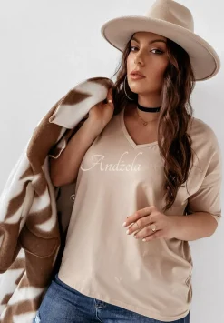 T-Shirt Oversize Z Dekoltem W Serek Cascade Bezowy