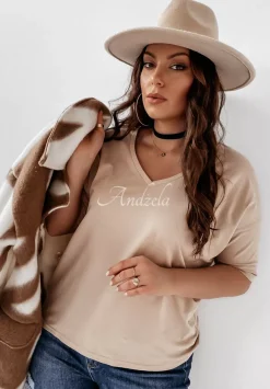 T-Shirt Oversize Z Dekoltem W Serek Cascade Bezowy